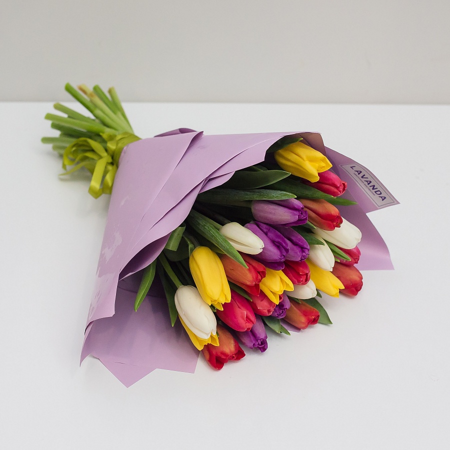 25 ярких тюльпанов в стильной пленке