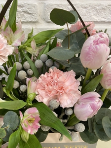 Композиция диантусов и тюльпанов