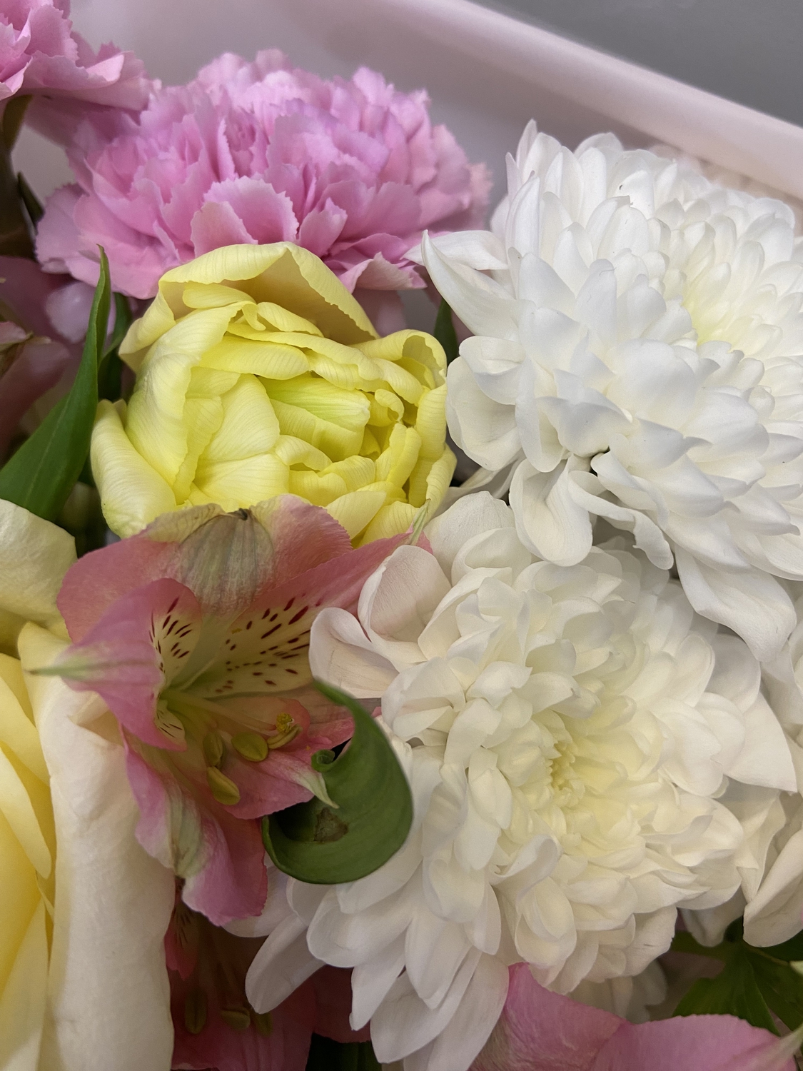 Букет с пионовидными розами и тюльпанами