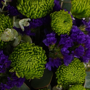 Композиция в стаканчике из зеленой хризантемы и фиолетовой статицы